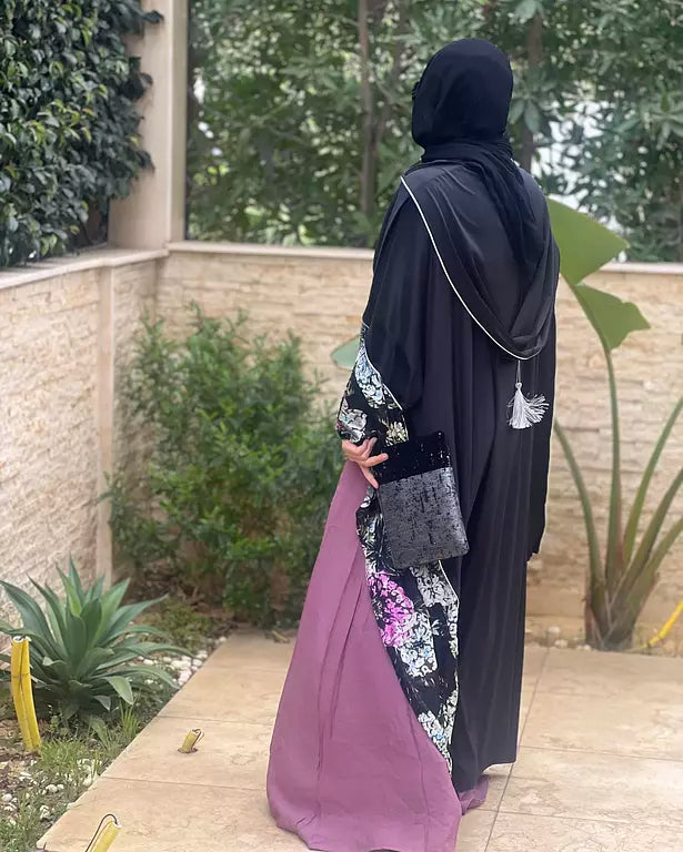 black velvet embroidered with purple flower kaftan