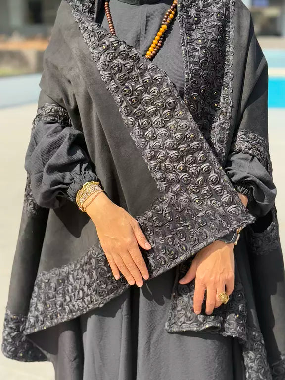 Black flower suede cape kaftan