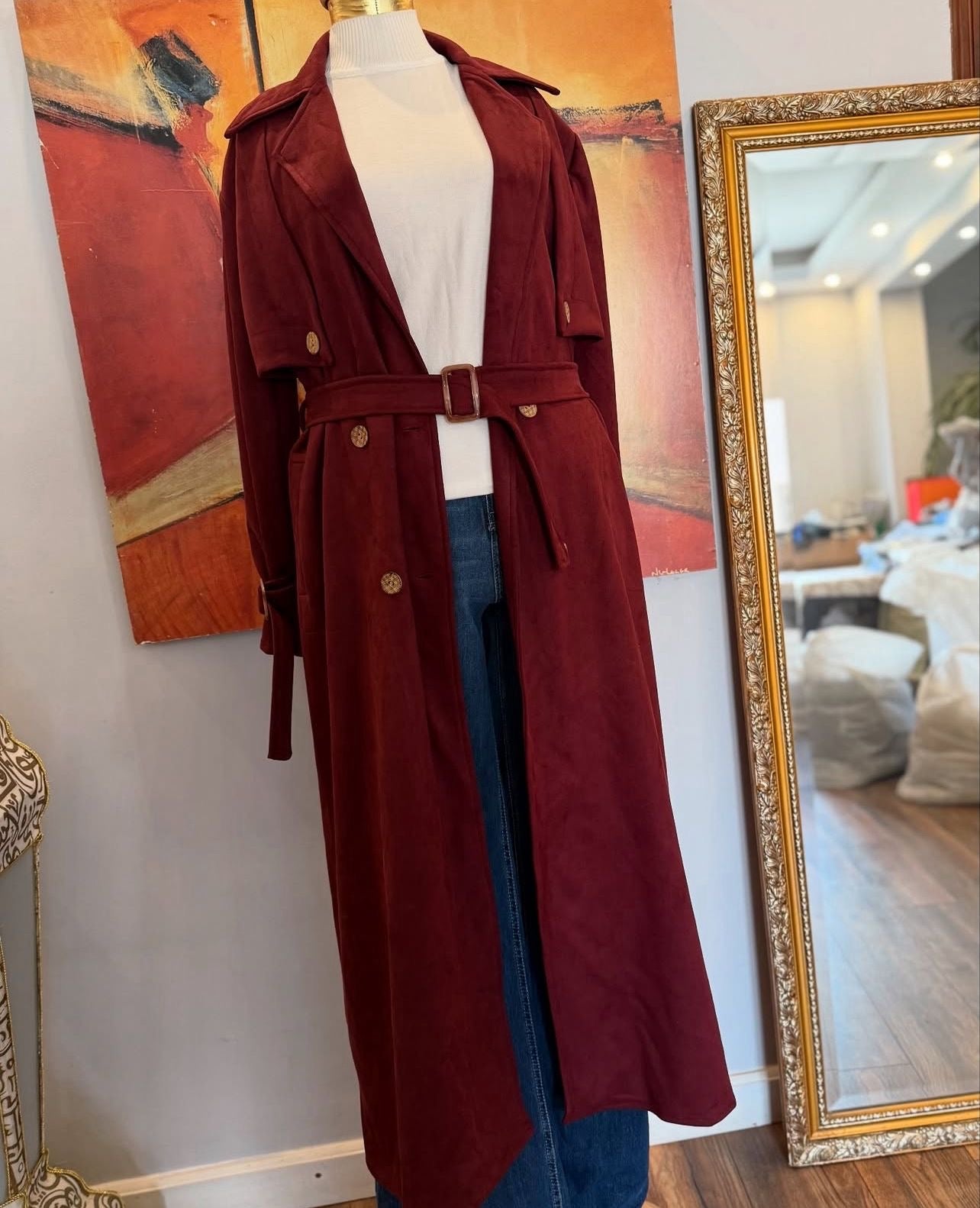 Suede trench coat in maroon
