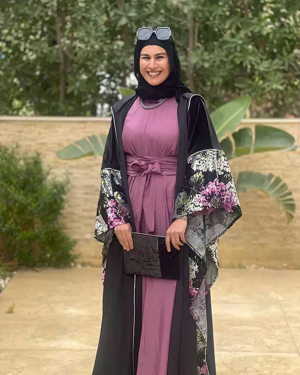 black velvet embroidered with purple flower kaftan