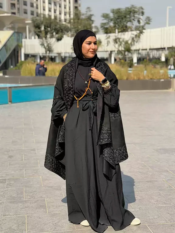 Black flower suede cape kaftan