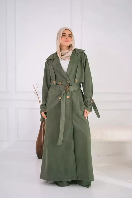 Suede trench coat in olive
