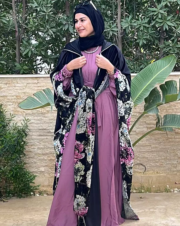 black velvet embroidered with purple flower kaftan
