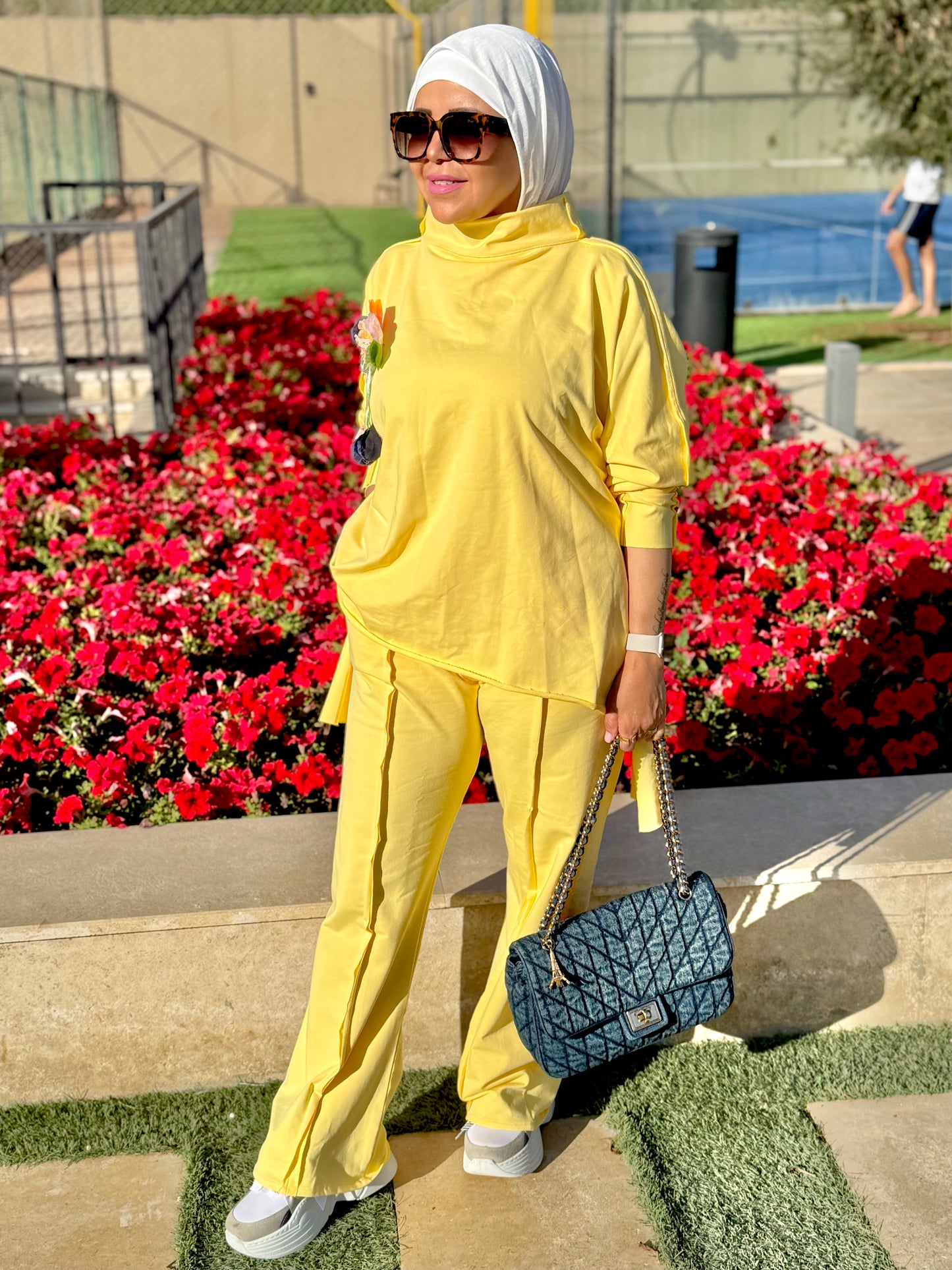 Premium melton cotton wide leg pants in yellow
