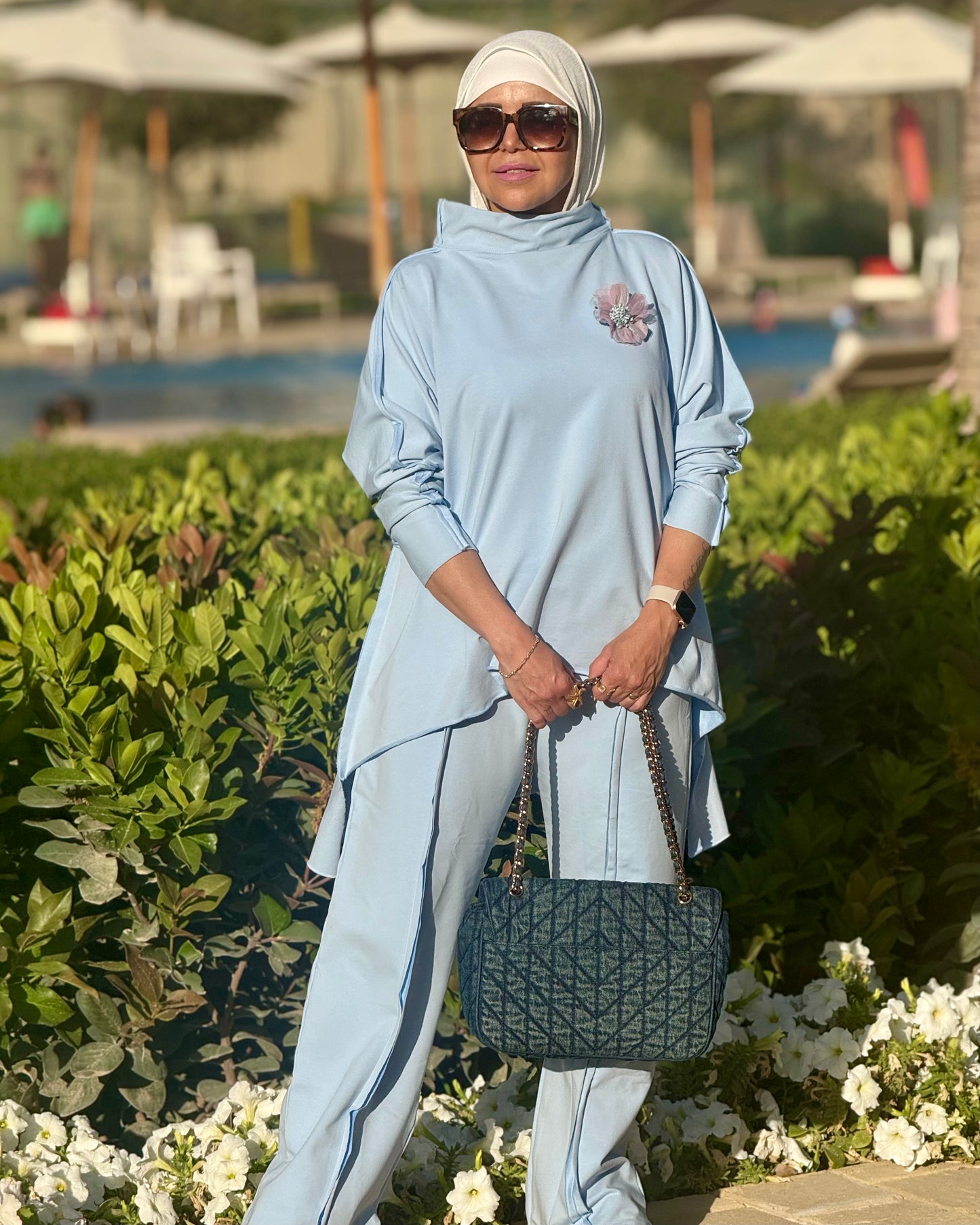 Premium melton cotton wide leg pants in baby blue