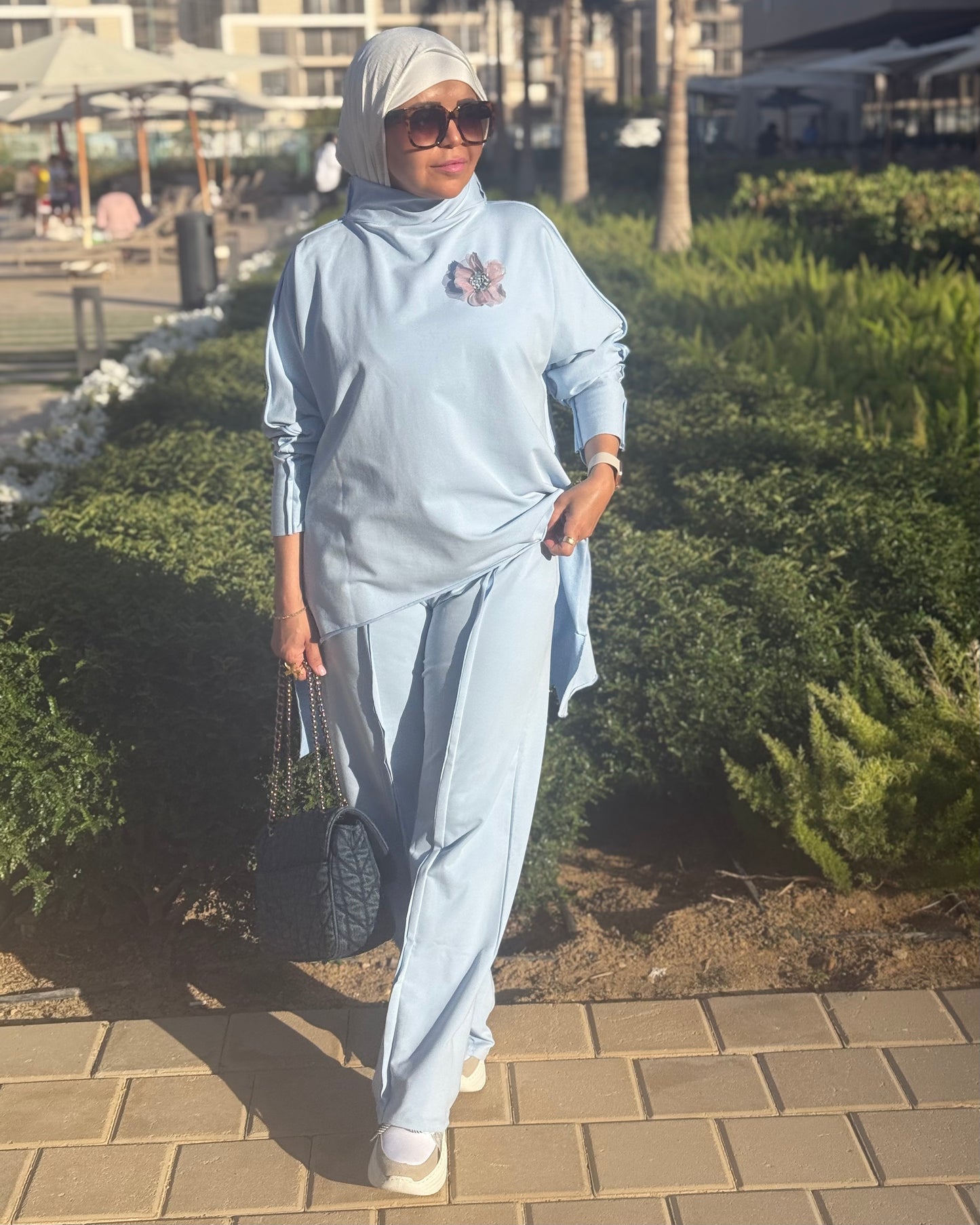 Premium melton cotton wide leg pants in baby blue