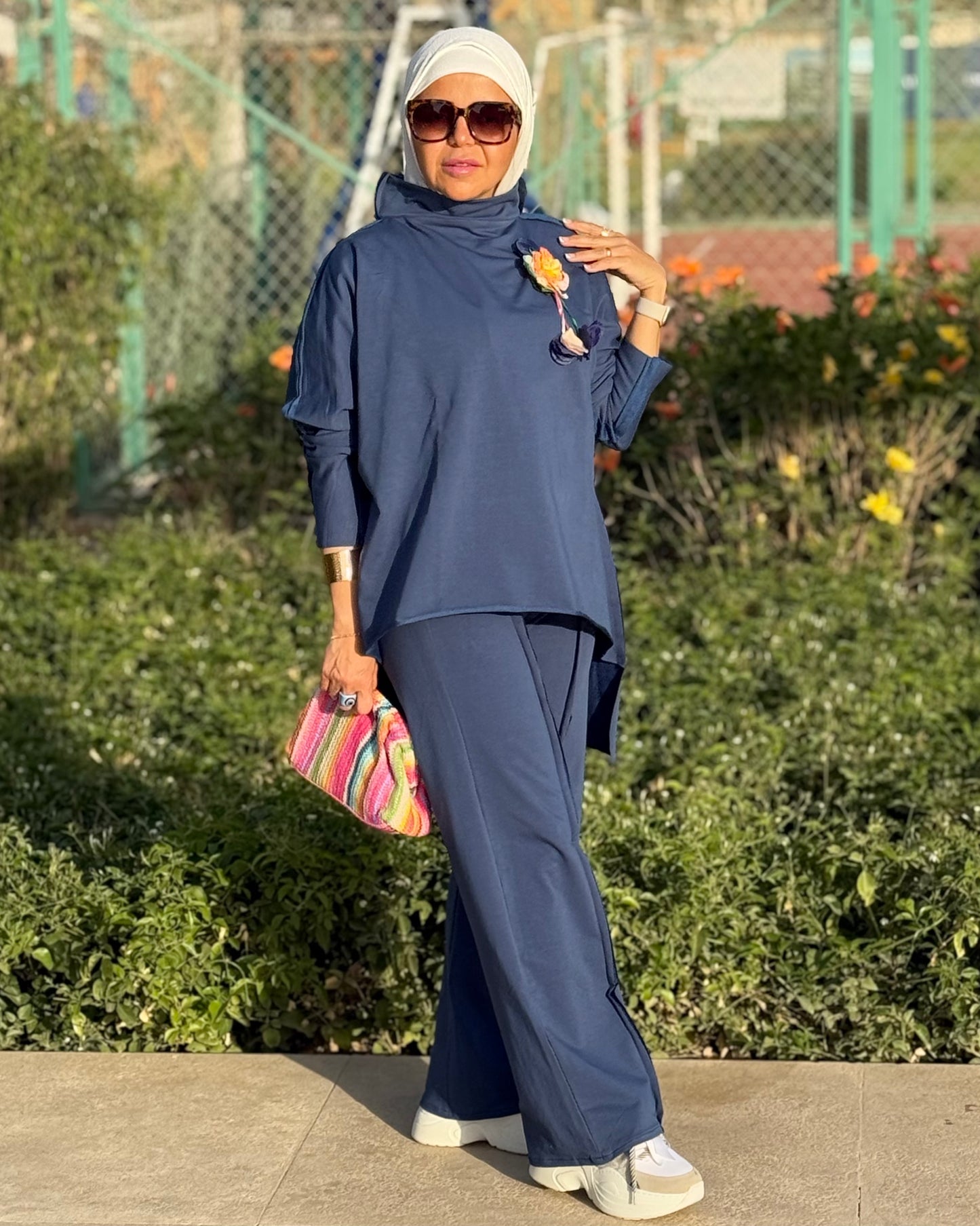 Melton wide leg cotton pants in navy blue
