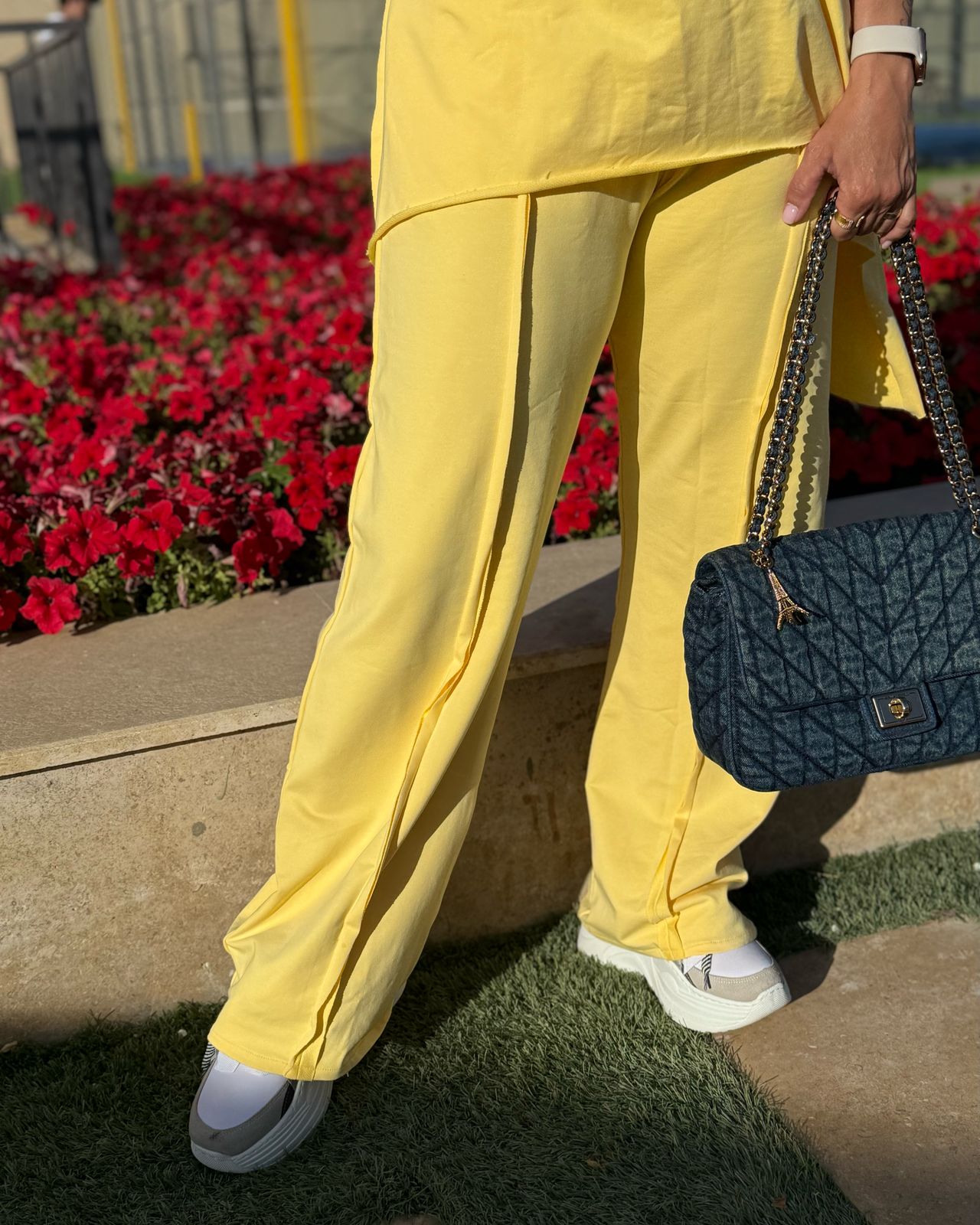Premium melton cotton wide leg pants in yellow
