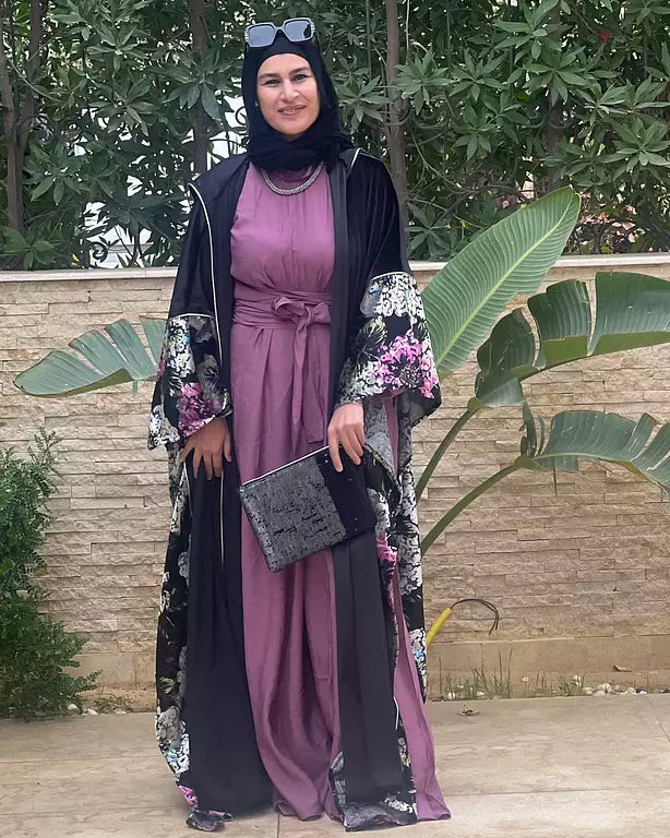 black velvet embroidered with purple flower kaftan