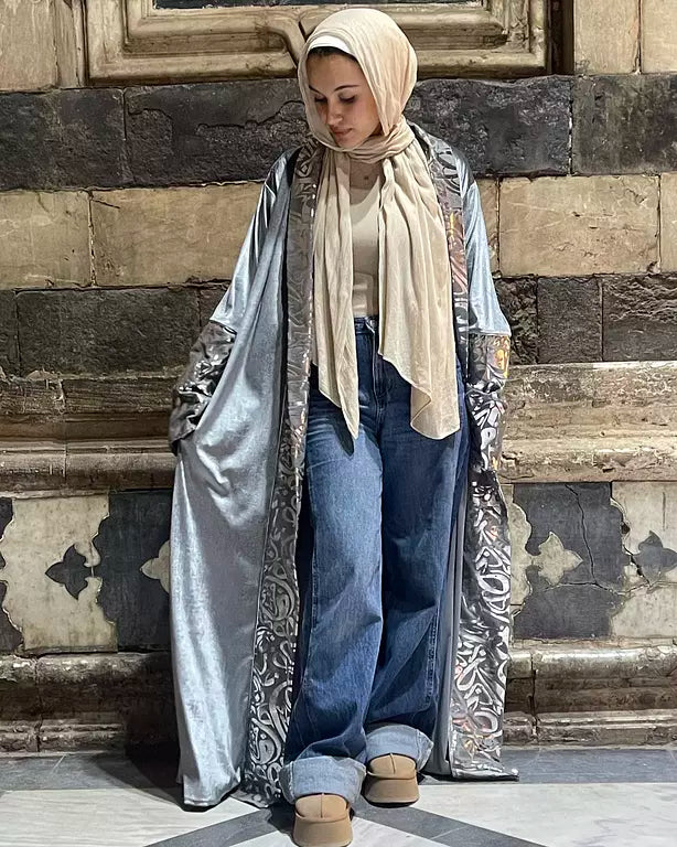 grey velvet embroidered with silver kuffic calligraphy kaftan