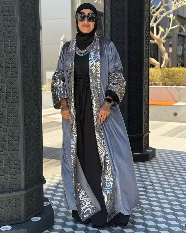 grey velvet embroidered with silver kuffic calligraphy kaftan