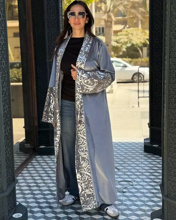 grey velvet embroidered with silver kuffic calligraphy kaftan