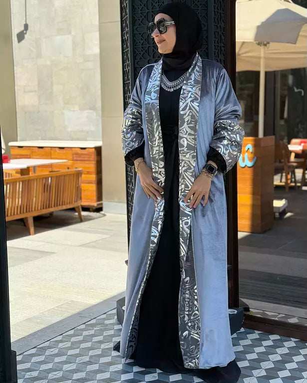 grey velvet embroidered with silver kuffic calligraphy kaftan