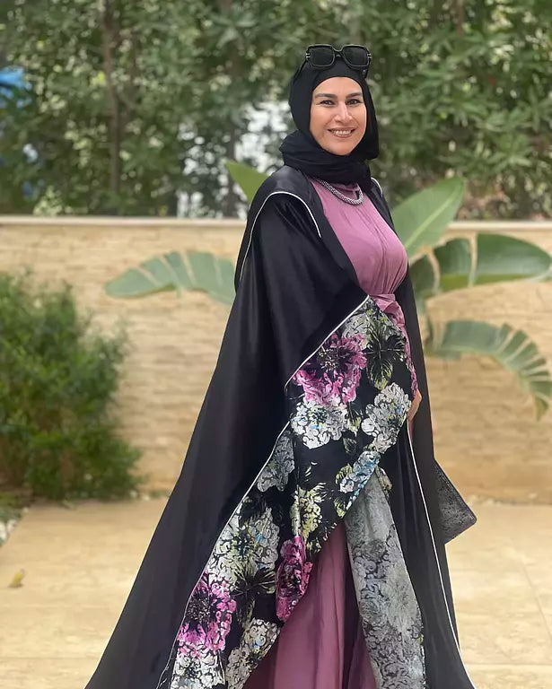 black velvet embroidered with purple flower kaftan