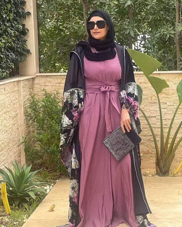 black velvet embroidered with purple flower kaftan
