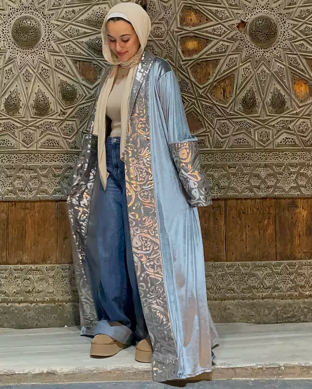 grey velvet embroidered with silver kuffic calligraphy kaftan