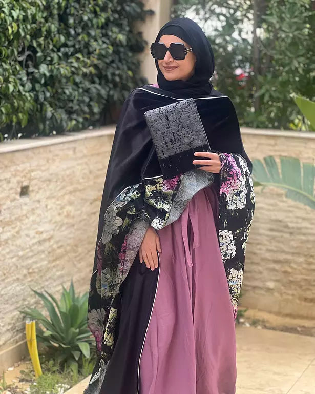 black velvet embroidered with purple flower kaftan