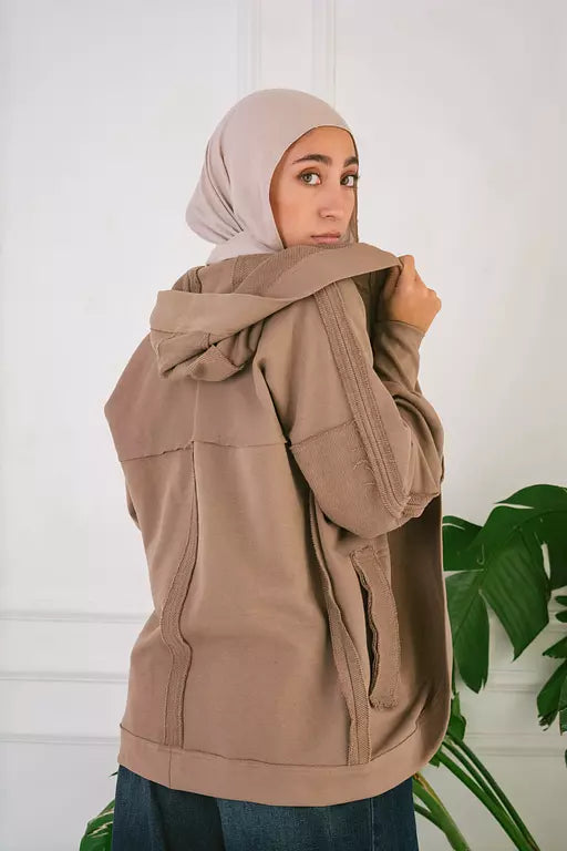 Upside down melton jacket in cafe