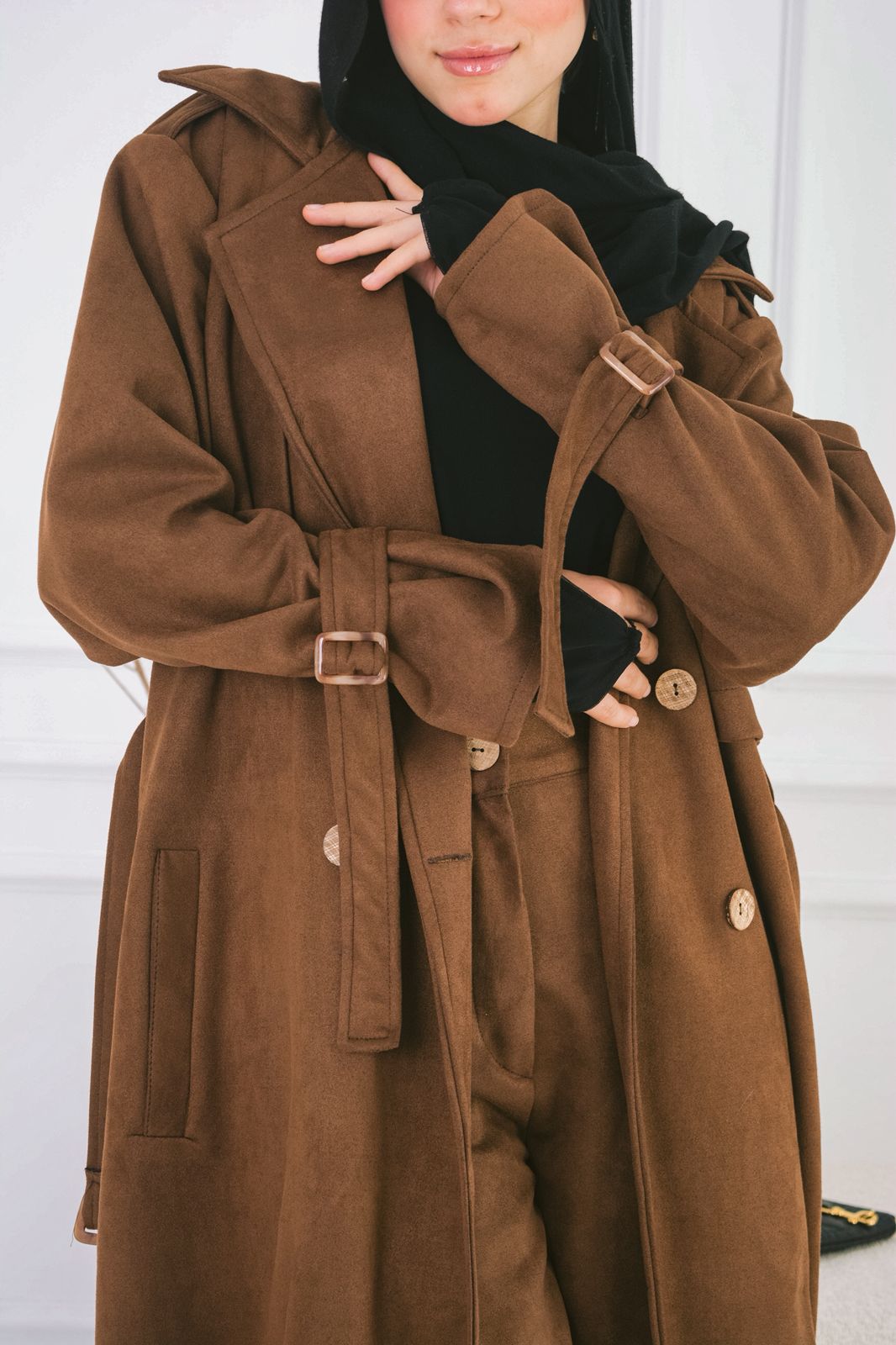 Suede trench coat in brown