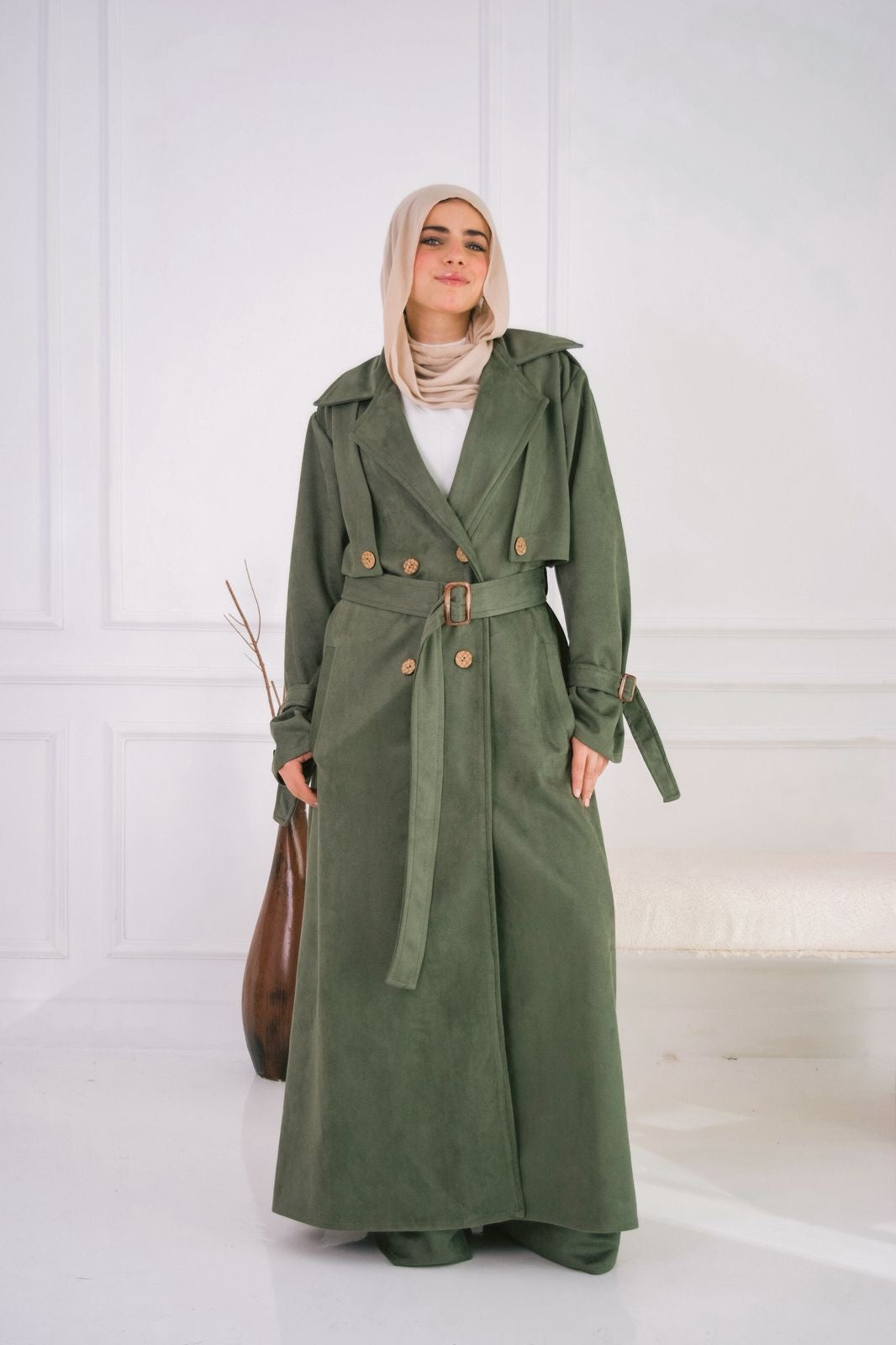 Suede trench coat in olive