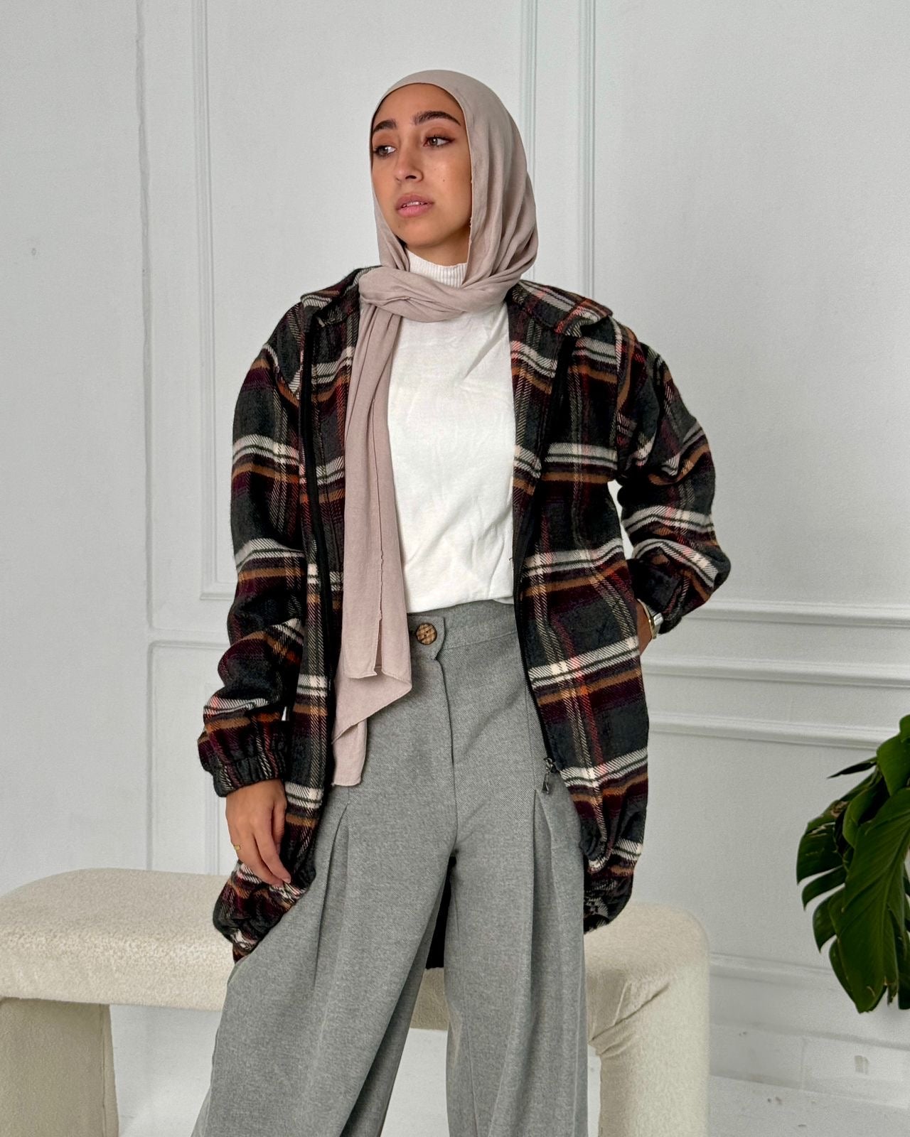 Checked wool jacket with zipper in black