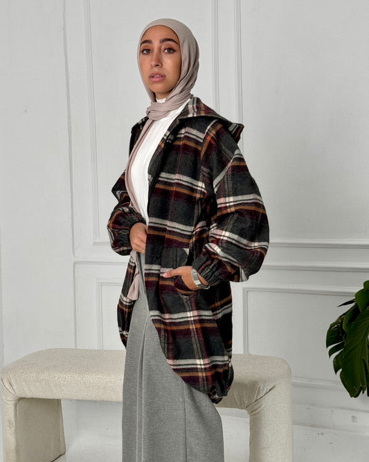 Checked wool jacket with zipper in black