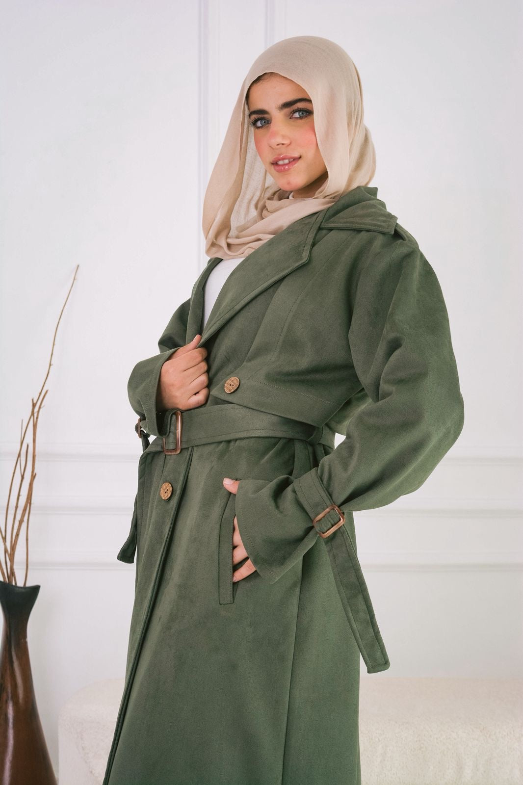 Suede trench coat in olive