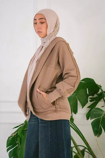 Upside down melton jacket in cafe