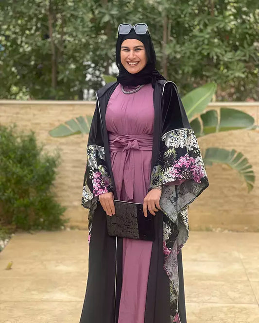 black velvet embroidered with purple flower kaftan