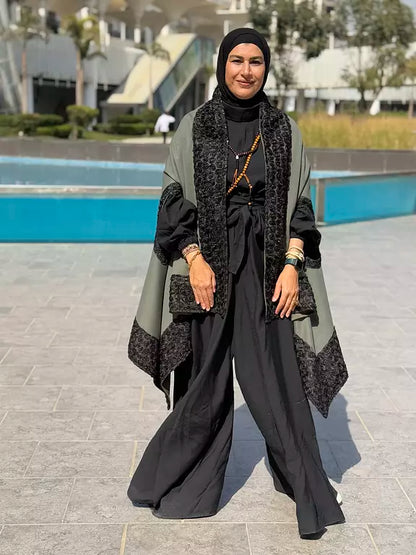 Olive flower suede poncho