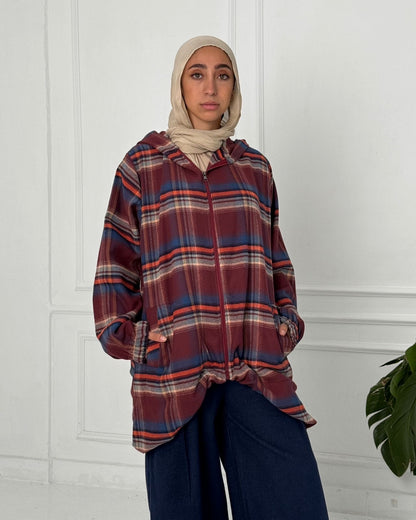 Checked wool jacket with zipper in red