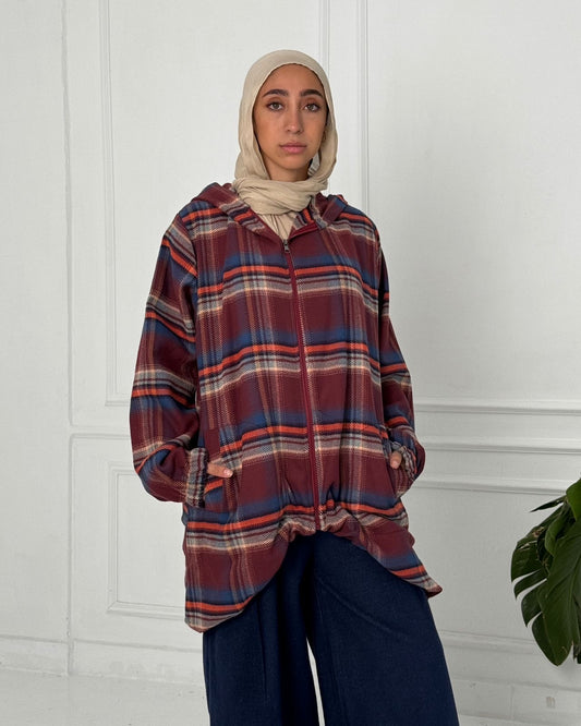 Checked wool jacket with zipper in red