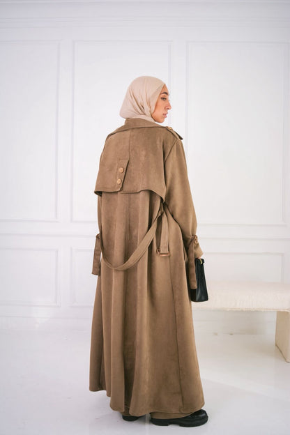 Suede trench coat in cafe