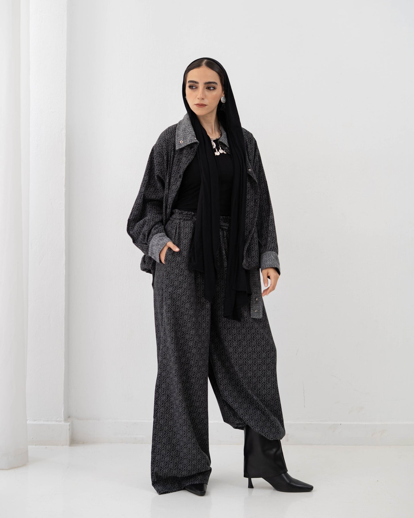 Boho Denim Set In Dark Grey