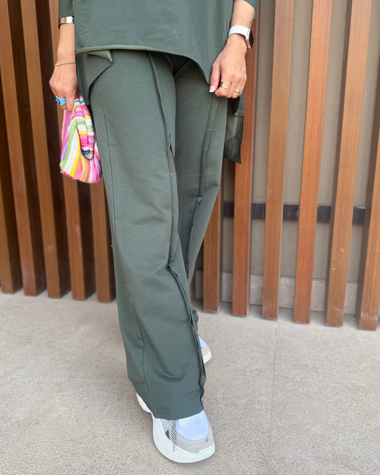 Premium melton cotton wide leg pants in olive