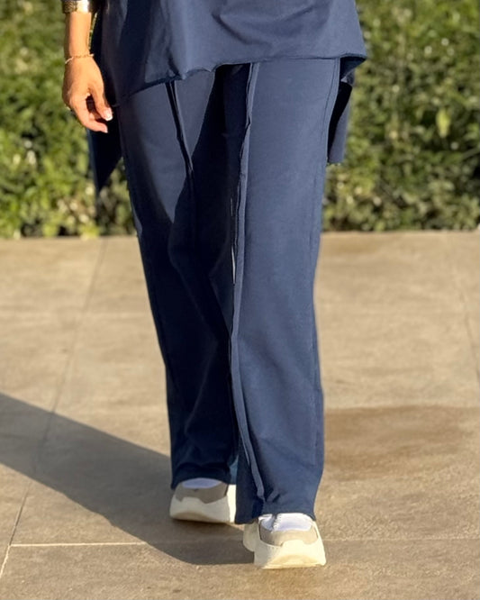 Melton wide leg cotton pants in navy blue