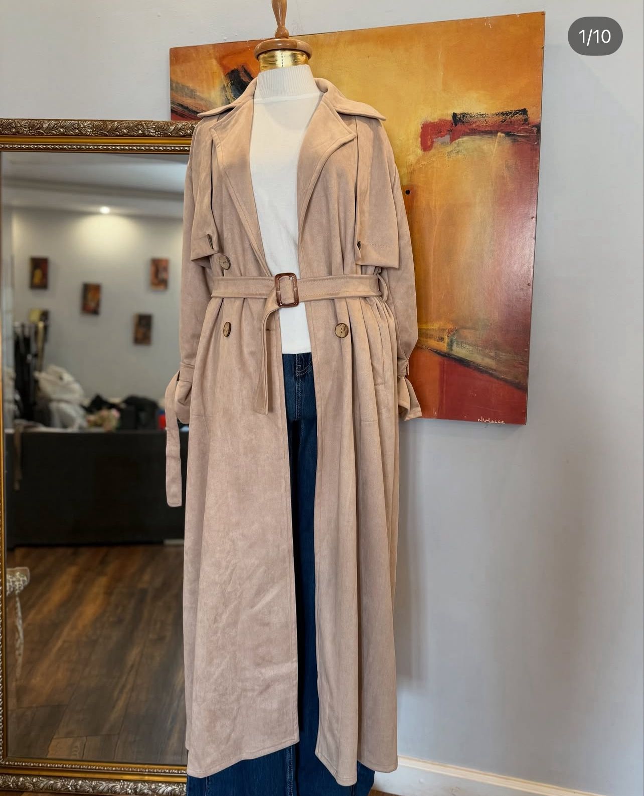 Suede trench coat in off white