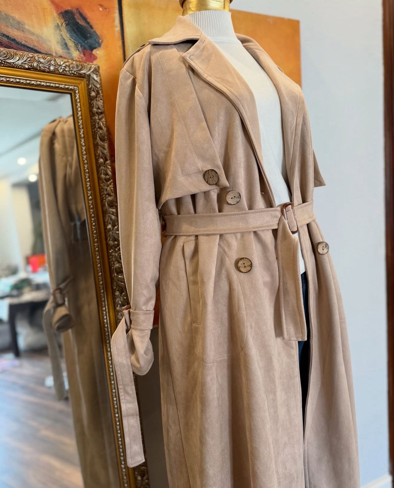 Suede trench coat in off white
