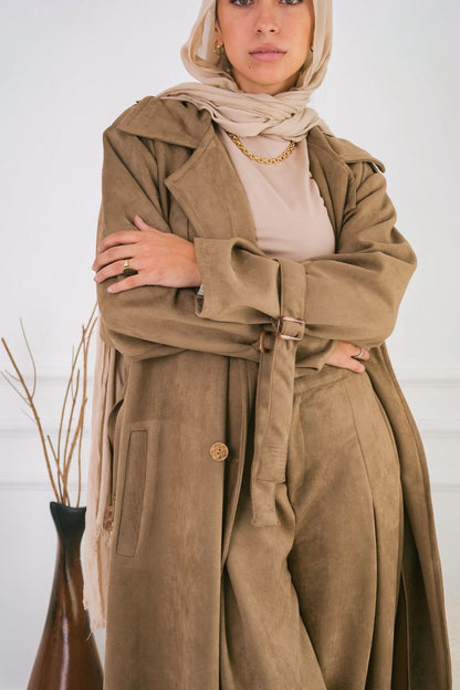 Suede trench coat in cafe