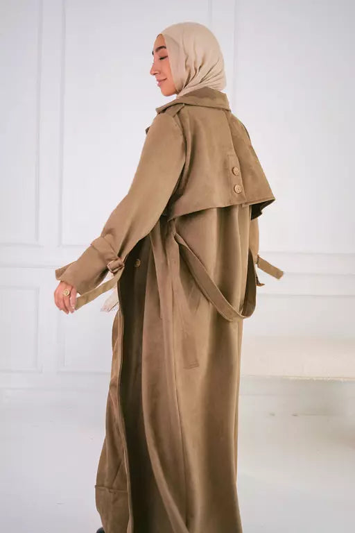 Suede trench coat in cafe