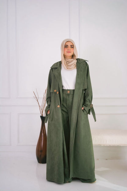Suede trench coat in olive