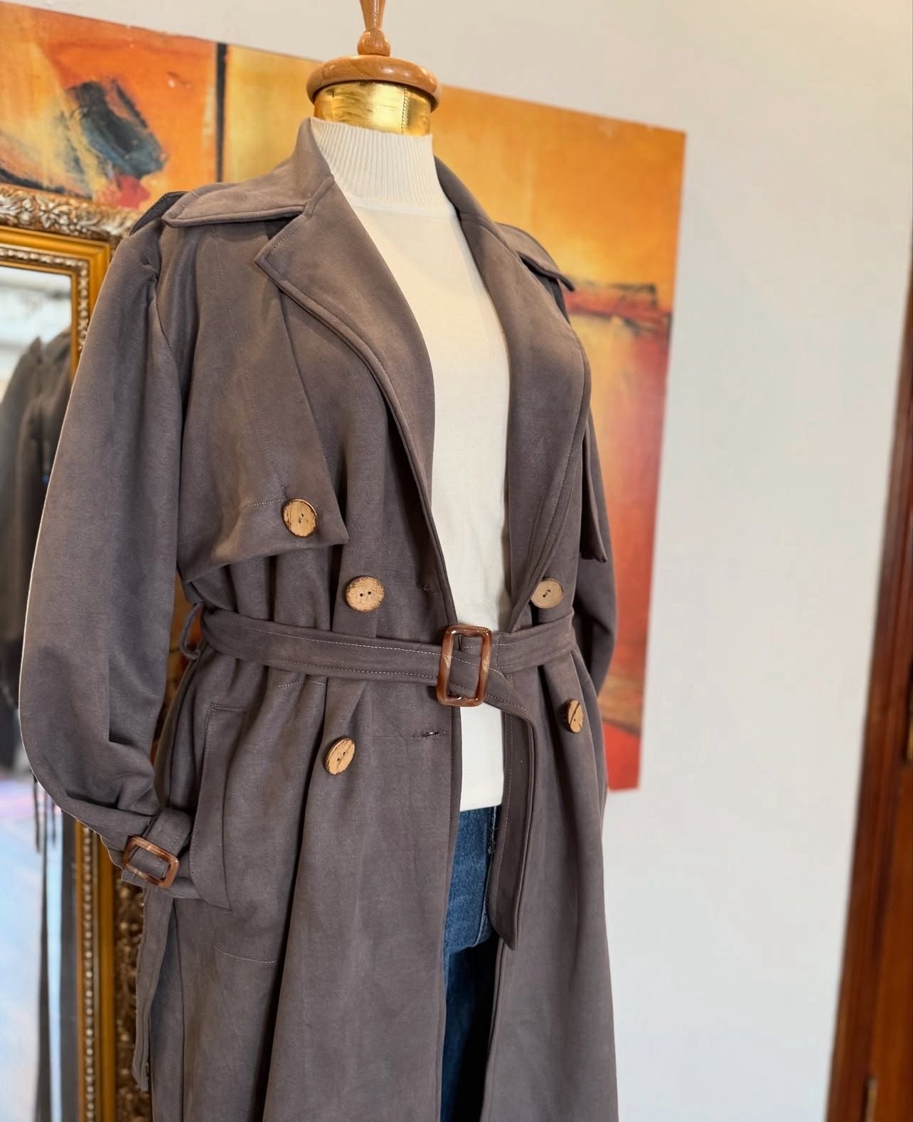 Suede trench coat in grey