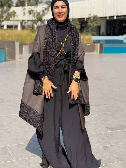 Grey flower suede cape kaftan