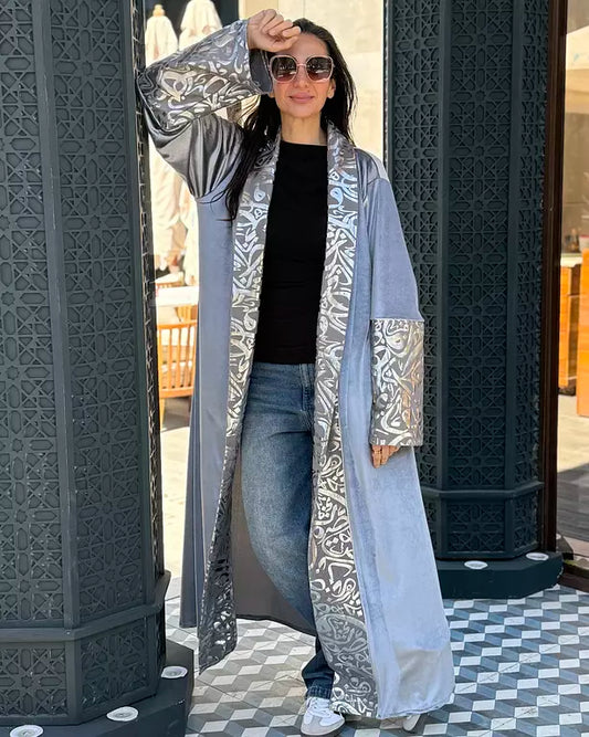 grey velvet embroidered with silver kuffic calligraphy kaftan