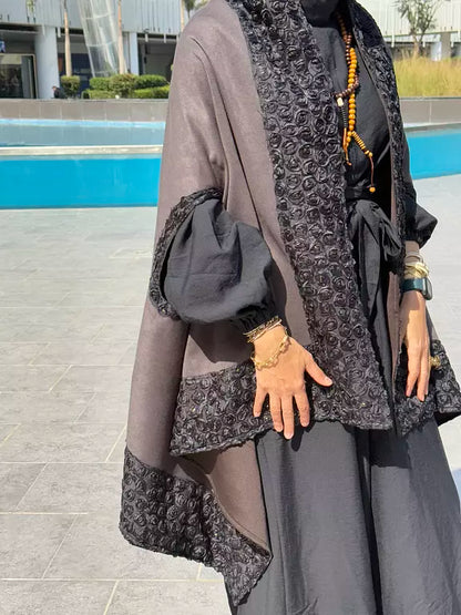 Grey flower suede cape kaftan